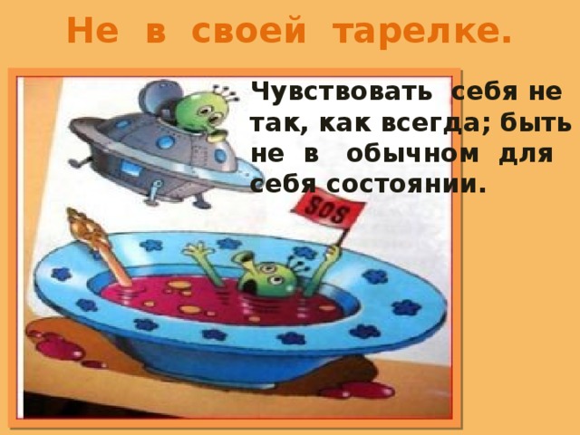 Не в своей тарелке. Чувствовать себя не так, как всегда; быть не в обычном для себя состоянии. 