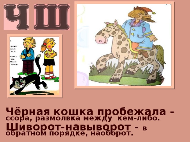 Чёрная кошка пробежала - ссора, размолвка между кем-либо.  Шиворот-навыворот - в обратном порядке, наоборот. 