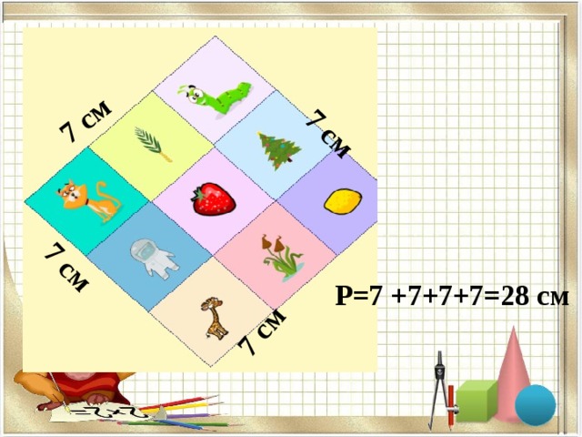 7 см 7 см 7 см 7 см Р=7 +7+7+7=28 см