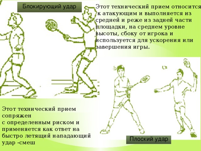 Этот технический прием относится  к атакующим и выполняется из средней и реже из задней части площадки, на среднем уровне высоты, сбоку от игрока и используется для ускорения или завершения игры. Этот технический прием сопряжен с определенным риском и применяется как ответ на быстро летящий нападающий удар -смеш 