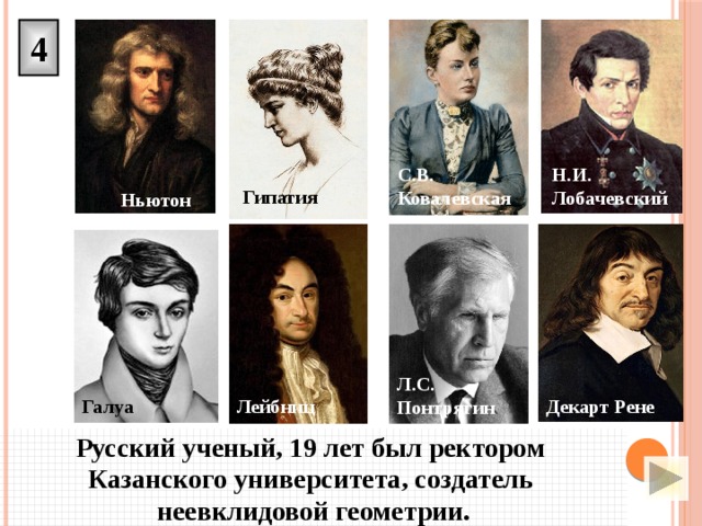 4 Н.И. С.В. Ковалевская Лобачевский Гипатия Ньютон Л.С. Понтрягин Лейбниц Декарт Рене Галуа Русский ученый, 19 лет был ректором Казанского университета, создатель неевклидовой геометрии. 
