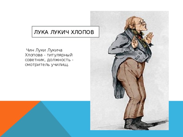 Лука Лукич Хлопов  Чин Луки Лукича Хлопова - титулярный советник, должность - смотритель училищ. 