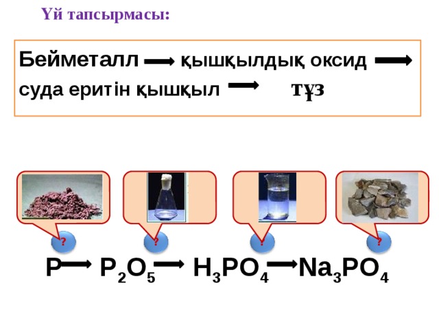 Үй тапсырмасы:   Бейметалл  қышқылдық оксид суда еритін қышқыл  тұз ? ? ? ? P P 2 O 5 H 3 PO 4 Na 3 PO 4 