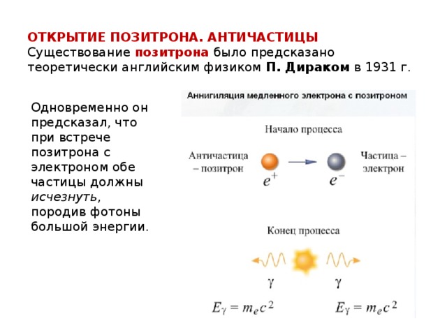 ОТКРЫТИЕ ПОЗИТРОНА. АНТИЧАСТИЦЫ Существование позитрона было предсказано теоретически английским физиком П. Дираком в 1931 г. Одновременно он предсказал, что при встрече позитрона с электроном обе частицы должны исчезнуть , породив фотоны большой энергии. 
