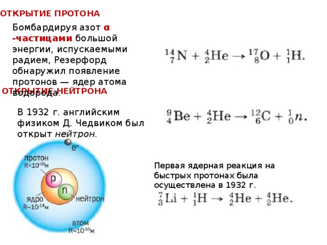ОТКРЫТИЕ ПРОТОНА Бомбардируя азот α -частицами большой энергии, испускаемыми радием, Резерфорд обнаружил появление протонов — ядер атома водорода. ОТКРЫТИЕ НЕЙТРОНА В 1932 г. английским физиком Д. Чедвиком был открыт нейтрон. Первая ядерная реакция на быстрых протонах была осуществлена в 1932 г. 