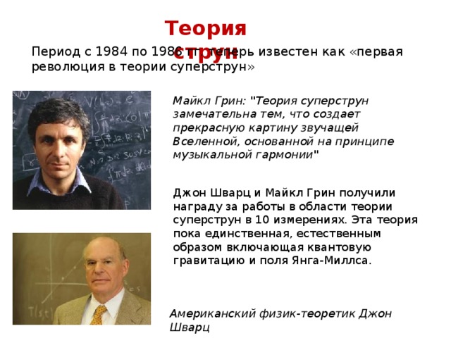 Теория струн Период с 1984 по 1986 гг. теперь известен как «первая революция в теории суперструн» Майкл Грин: 