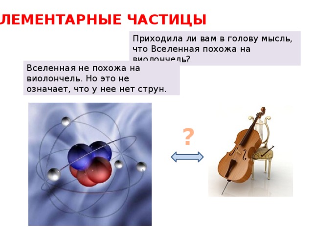 ЭЛЕМЕНТАРНЫЕ ЧАСТИЦЫ Приходила ли вам в голову мысль, что Вселенная похожа на виолончель? Вселенная не похожа на виолончель. Но это не означает, что у нее нет струн. ? 