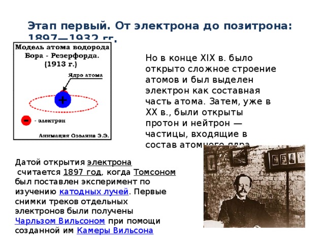 Этап первый. От электрона до позитрона: 1897—1932 гг. Но в конце XIX в. было открыто сложное строение атомов и был выделен электрон как составная часть атома. Затем, уже в XX в., были открыты протон и нейтрон — частицы, входящие в состав атомного ядра. Датой открытия  электрона  считается  1897 год , когда  Томсоном был поставлен эксперимент по изучению  катодных лучей . Первые снимки треков отдельных электронов были получены  Чарльзом Вильсоном  при помощи созданной им  Камеры Вильсона Неделимым и неизменны? 