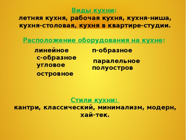Виды кухни : летняя кухня, рабочая кухня, кухня-ниша, кухня-столовая, кухня в квартире-студии. Расположение оборудования на кухне : Стили кухни: кантри, классический, минимализм, модерн, хай-тек. п-образное линейное с-образное паралельное угловое полуостров островное 