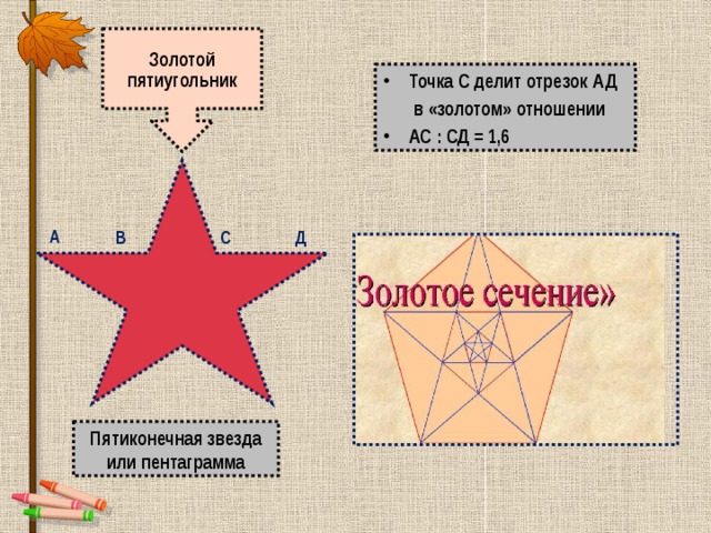 Золотой пятиугольник Точка С делит отрезок АД  в «золотом» отношении АС : СД = 1,6 А В С Д Пятиконечная звезда или пентаграмма 