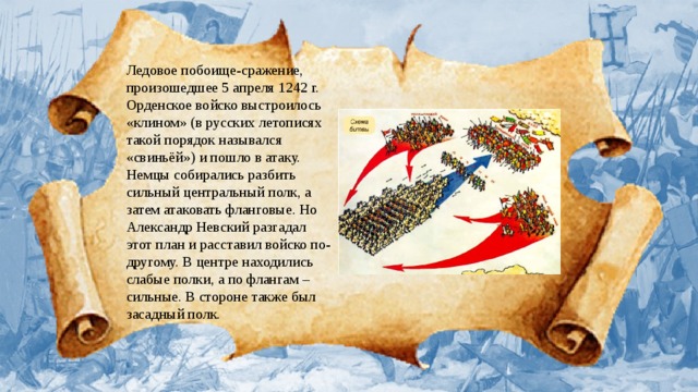 Ледовое побоище-сражение, произошедшее 5 апреля 1242 г. Орденское войско выстроилось «клином» (в русских летописях такой порядок назывался «свиньёй») и пошло в атаку. Немцы собирались разбить сильный центральный полк, а затем атаковать фланговые. Но Александр Невский разгадал этот план и расставил войско по-другому. В центре находились слабые полки, а по флангам – сильные. В стороне также был засадный полк. 