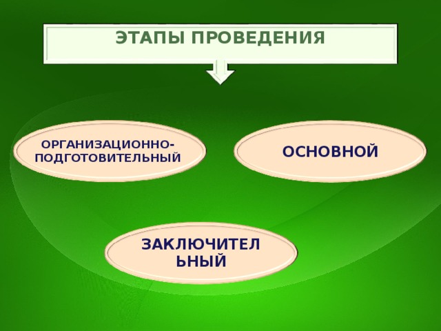 ЭТАПЫ ПРОВЕДЕНИЯ ОРГАНИЗАЦИОННО- ПОДГОТОВИТЕЛЬНЫЙ ОСНОВНОЙ ЗАКЛЮЧИТЕЛЬНЫЙ 