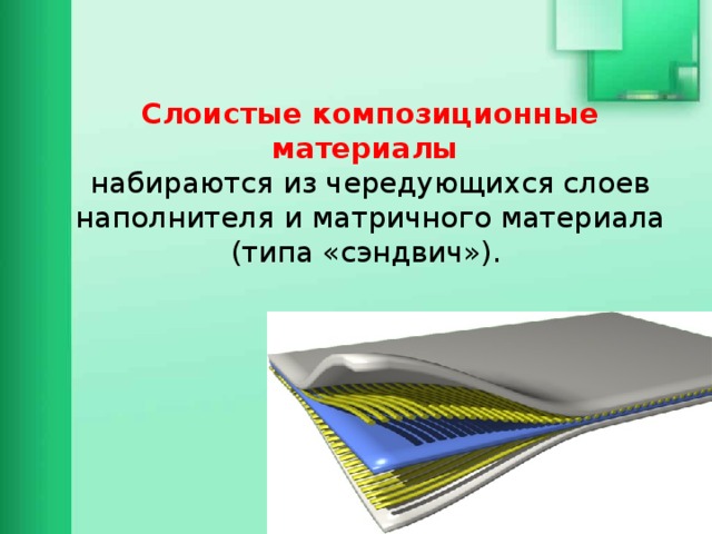   Слоистые композиционные материалы  набираются из чередующихся слоев наполнителя и матричного материала (типа «сэндвич»).        