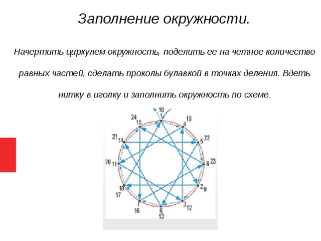 Заполнение окружности. Начертить циркулем окружность, поделить ее на четное количество равных частей, сделать проколы булавкой в точках деления. Вдеть нитку в иголку и заполнить окружность по схеме.   