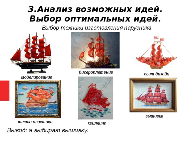3.Анализ возможных идей. Выбор оптимальных идей. Выбор техники изготовления парусника бисероплетение  свит дизайн  моделирование  вышивка  тесто пластика  квиллинг  Вывод: я выбираю вышивку.   