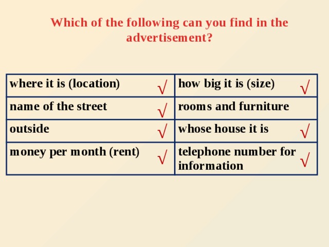√ √ √ √ √ √ √ Which of the following can you find in the advertisement? where it is (location) how big it is (size) name of the street rooms and furniture outside whose house it is money per month (rent) telephone number for information