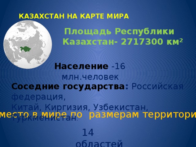  КАЗАХСТАН НА КАРТЕ МИРА    Площадь Республики Казахстан- 2717300 км² Население  -16 млн.человек Соседние государства : Российская федерация, Китай, Киргизия, Узбекистан, Туркменистан . 9 место в мире по размерам территориии  14 областей 