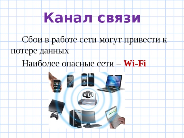 Канал связи Сбои в работе сети могут привести к потере данных Наиболее опасные сети – Wi-Fi