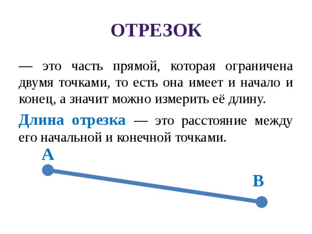 Отрезок — это часть прямой, которая ограничена двумя точками, то есть она имеет и начало и конец, а значит можно измерить её длину. Длина отрезка — это расстояние между его начальной и конечной точками. А В 