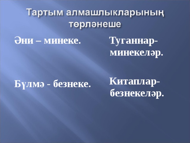 Әни – минеке.   Бүлмә - безнеке.  Туганнар- минекеләр.   Китаплар-безнекеләр. 