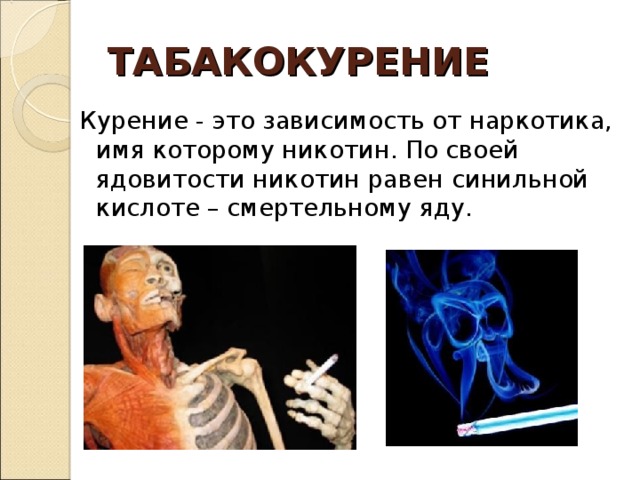 ТАБАКОКУРЕНИЕ Курение - это зависимость от наркотика, имя которому никотин. По своей ядовитости никотин равен синильной кислоте – смертельному яду. 