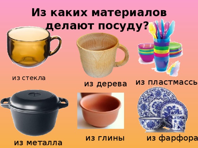 Из каких материалов делают посуду? из стекла из пластмассы из дерева из глины из фарфора из металла 