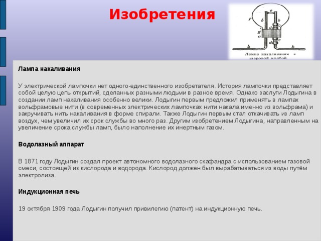 Изобретения Лампа накаливания У электрической лампочки нет одного-единственного изобретателя. История лампочки представляет собой целую цепь открытий, сделанных разными людьми в разное время. Однако заслуги Лодыгина в создании ламп накаливания особенно велики. Лодыгин первым предложил применять в лампах вольфрамовые нити (в современных электрических лампочках нити накала именно из вольфрама) и закручивать нить накаливания в форме спирали. Также Лодыгин первым стал откачивать из ламп воздух, чем увеличил их срок службы во много раз. Другим изобретением Лодыгина, направленным на увеличение срока службы ламп, было наполнение их инертным газом. Водолазный аппарат В 1871 году Лодыгин создал проект автономного водолазного скафандра с использованием газовой смеси, состоящей из кислорода и водорода. Кислород должен был вырабатываться из воды путём электролиза. Индукционная печь 19 октября 1909 года Лодыгин получил привилегию (патент) на индукционную печь.  