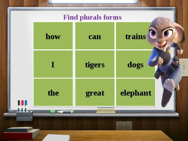 Find plurals forms how can trains I tigers dogs the great elephant 