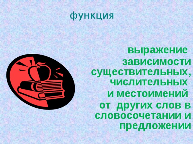 функция выражение зависимости существительных, числительных и местоимений от других слов в словосочетании и предложении  