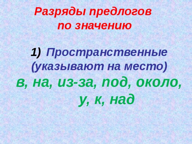 Разряды предлогов по значению Пространственные (указывают на место) в, на, из-за, под, около, у, к, над   