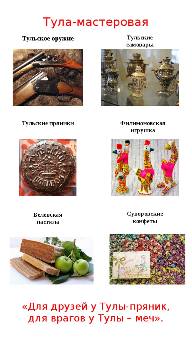 Тула-мастеровая Тульские самовары Тульское оружие Тульские пряники Филимоновская игрушка Суворовские конфеты Белевская пастила «Для друзей у Тулы-пряник, для врагов у Тулы – меч». 