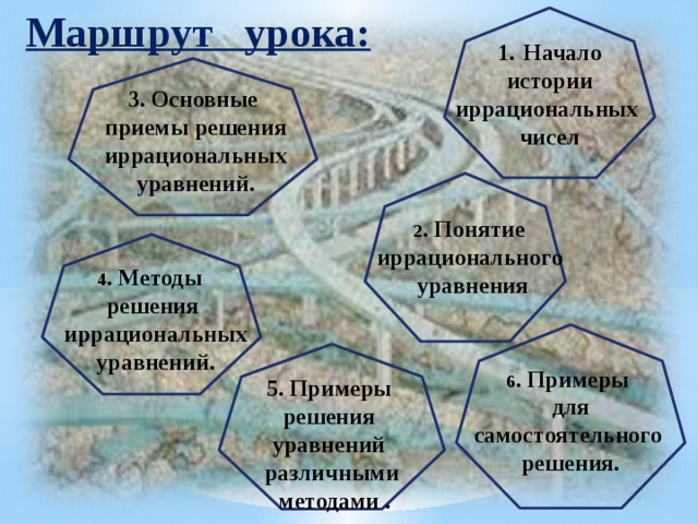 Маршрут урока: Начало  истории иррациональных чисел 3. Основные  приемы решения  иррациональных  уравнений. 2 . Понятие иррационального уравнения 4 . Методы решения  иррациональных  уравнений. 6 . Примеры  для самостоятельного  решения. 5. Примеры решения уравнений различными  методами . 