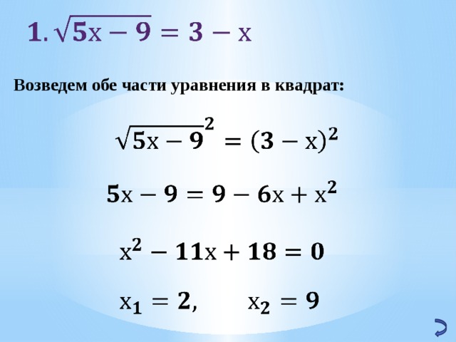   Возведем обе части уравнения в квадрат:         