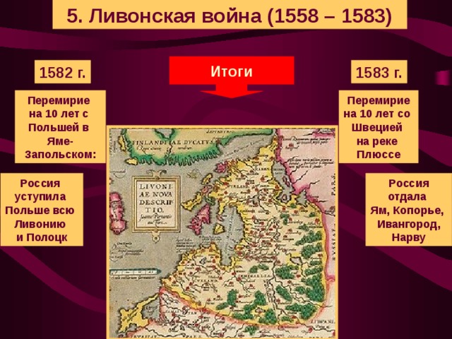 5. Ливонская война (1558 – 1583) Итоги 1583 г. 1582 г. Перемирие на 10 лет с Польшей в Яме-Запольском: Перемирие на 10 лет со Швецией на реке Плюссе Россия уступила Польше всю Ливонию и Полоцк Россия отдала Ям, Копорье, Ивангород, Нарву