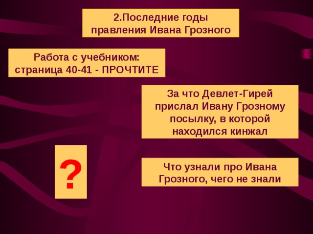 2.Последние годы правления Ивана Грозного Работа с учебником: страница 40-41 - ПРОЧТИТЕ За что Девлет-Гирей прислал Ивану Грозному посылку, в которой находился кинжал ? Что узнали про Ивана Грозного, чего не знали