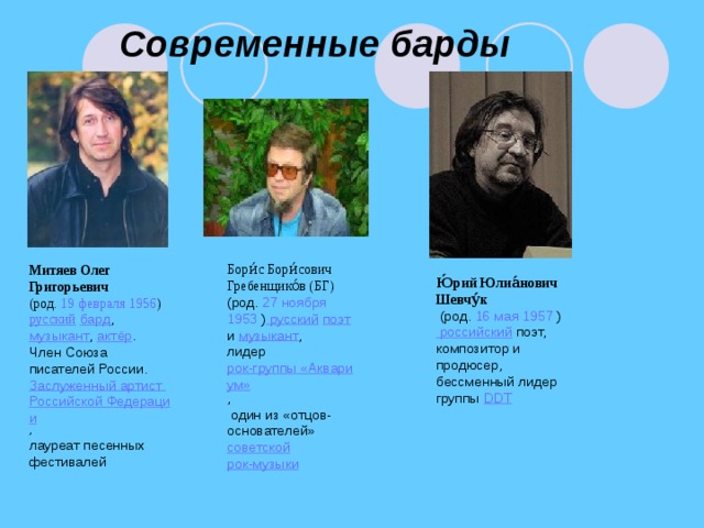 Митяев Олег Григорьевич (род. 19 февраля  1956 )  русский  бард , музыкант , актёр . Член Союза писателей России. Заслуженный артист Российской Федерации , лауреат песенных фестивалей  Современные барды Бори́с Бори́сович Гребенщико́в (БГ) (род. 27 ноября  1953 ) русский  поэт и музыкант , лидер рок-группы «Аквариум» ,  один из «отцов-основателей» советской  рок-музыки  Ю́рий Юлиа́нович Шевчу́к  (род. 16 мая  1957 ) российский поэт, композитор и продюсер, бессменный лидер группы DDT