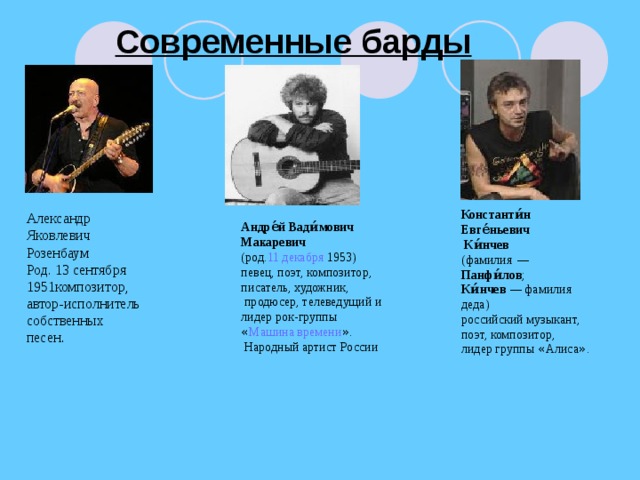 Современные барды Константи́н Евге́ньевич  Ки́нчев  (фамилия  —  Панфи́лов ; Ки́нчев  — фамилия деда) российский музыкант, поэт, композитор, лидер группы « Алиса » . Александр Яковлевич Розенбаум Род. 13 сентября 1951композитор, автор-исполнитель собственных песен . Андре́й Вади́мович Макаревич  (род. 11 декабря 1953) певец, поэт, композитор, писатель, художник,  продюсер, телеведущий и лидер рок-группы « Машина времени » .  Народный артист России