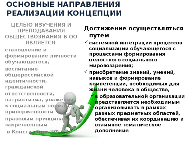 ОСНОВНЫЕ НАПРАВЛЕНИЯ РЕАЛИЗАЦИИ КОНЦЕПЦИИ   ЦЕЛЬЮ ИЗУЧЕНИЯ И ПРЕПОДАВАНИЯ ОБЩЕСТВОЗНАНИЯ В ОО ЯВЛЯЕТСЯ становление и формирование личности обучающегося, воспитание общероссийской идентичности, гражданской ответственности, патриотизма, уважения к социальным нормам, приверженности правовым принципам, закрепленным  в Конституции РФ  Достижение осуществляться путем системной интеграции процессов социализации обучающегося с процессами формирования целостного социального мировоззрения; приобретение знаний, умений, навыков и формирование компетенции, необходимых для жизни человека в обществе, в образовательной организации представляется необходимым организовывать в рамках разных предметных областей, обеспечивая их координацию и взаимное тематическое дополнение в образовательной организации представляется необходимым организовывать в рамках разных предметных областей, обеспечивая их координацию и взаимное тематическое дополнение 