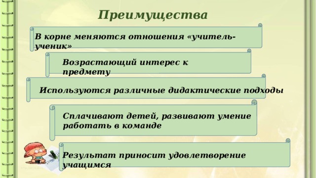 Преимущества: В корне меняются отношения «учитель-ученик» Возрастающий интерес к предмету Используются различные дидактические подходы Сплачивают детей, развивают умение работать в команде Результат приносит удовлетворение учащимся 