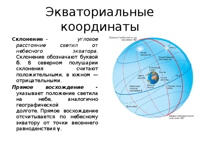 Экваториальные координаты Склонение   - угловое расстояние светил от небесного экватора . Склонение обозначают буквой δ . В северном полушарии склонения считают положительными, в южном — отрицательными. Прямое восхождение - указывает положение светила на небе, аналогично географической долготе. Прямое восхождение отсчитывается по небесному экватору от точки весеннего равноденствия γ . 