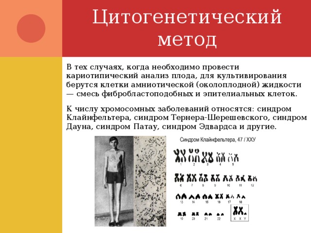 Цитогенетический метод В тех случаях, когда необходимо провести кариотипический анализ плода, для культивирования берутся клетки амниотической (околоплодной) жидкости — смесь фибробластоподобных и эпителиальных клеток. К числу хромосомных заболеваний относятся: синдром Клайнфельтера, синдром Тернера-Шерешевского, синдром Дауна, синдром Патау, синдром Эдвардса и другие. 
