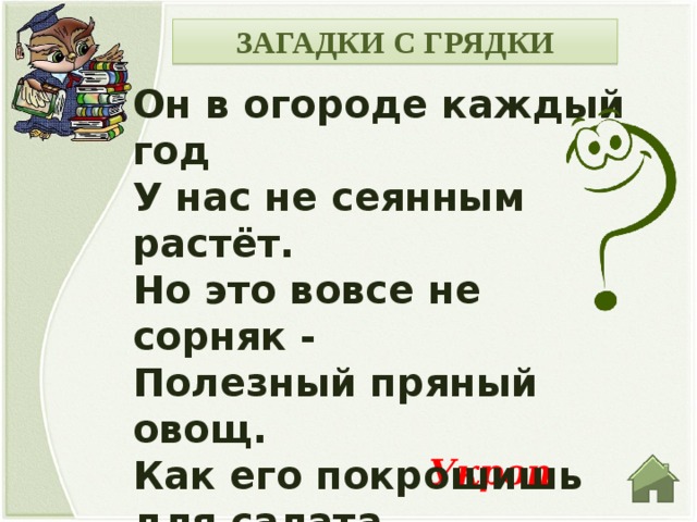ЗАГАДКИ С ГРЯДКИ Он в огороде каждый год У нас не сеянным растёт. Но это вовсе не сорняк - Полезный пряный овощ. Как его покрошишь для салата - Придаст такого аромата! Укроп