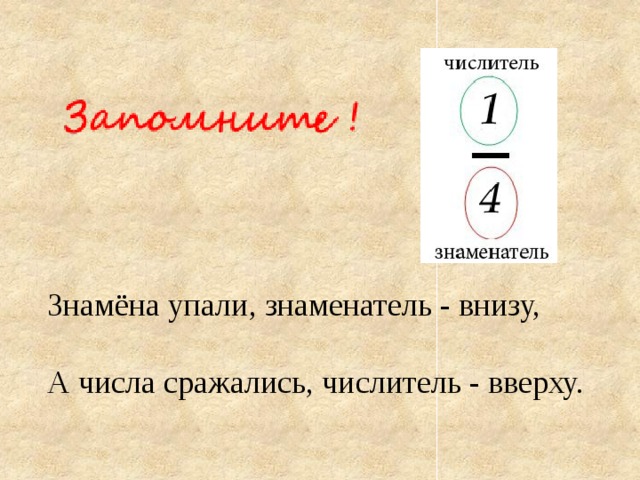   Знамёна упали, знаменатель - внизу,   А числа сражались, числитель - вверху. 