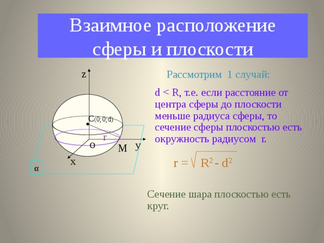 Взаимное расположение сферы и плоскости z Рассмотрим 1 случай: d C (0;0;d) r у O М х r = R 2 - d 2 α Сечение шара плоскостью есть круг.  