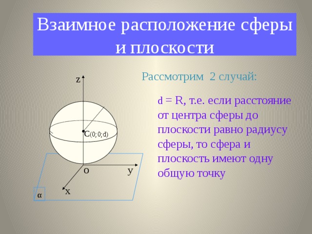 Взаимное расположение сферы и плоскости Рассмотрим 2 случай: z d = R, т.е. если расстояние от центра сферы до плоскости равно радиусу сферы, то сфера и плоскость имеют одну общую точку C (0;0;d) у O х α 