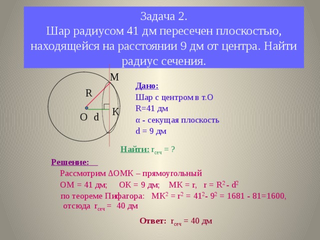 Задача 2.  Шар радиусом 41 дм пересечен плоскостью, находящейся на расстоянии 9 дм от центра. Найти радиус сечения. М Дано: Шар с центром в т.О R=41 дм α - секущая плоскость d = 9 дм R К d О Найти: r сеч = ? Решение:   Рассмотрим ∆ОМК – прямоугольный  ОМ = 41 дм; ОК = 9 дм; МК = r, r = R 2 - d 2  по теореме Пифагора: МК 2 = r 2 = 41 2 - 9 2 = 1681 - 81=1600, отсюда r сеч = 40 дм Ответ: r сеч = 40 дм 