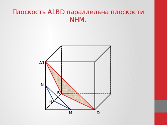 Плоскость А1ВD параллельна плоскости NНМ. А1 N В Н D М 
