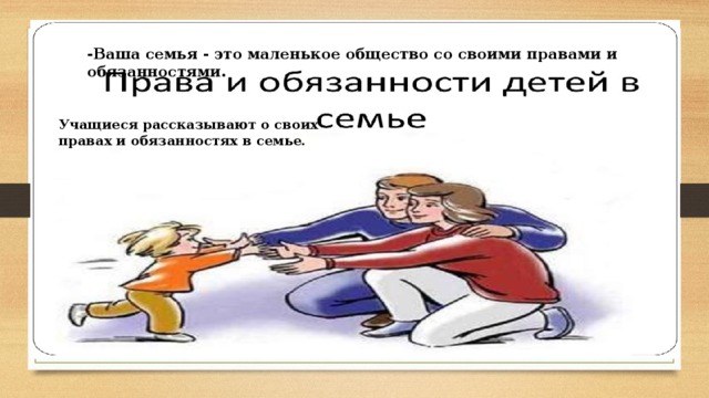 -Ваша семья - это маленькое общество со своими правами и обязанностями. Учащиеся рассказывают о своих правах и обязанностях в семье. 