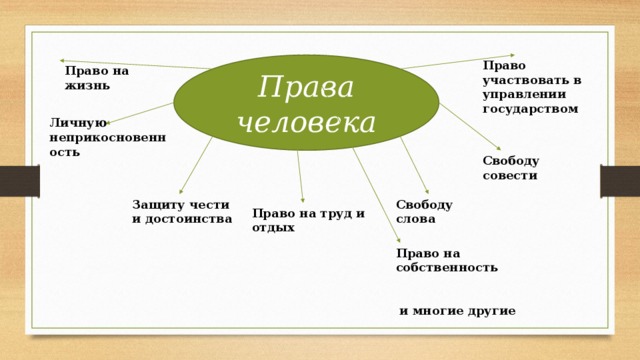 Права человека Право участвовать в управлении государством Право на жизнь Личную неприкосновенность Свободу совести Защиту чести и достоинства Свободу слова Право на труд и отдых Право на собственность  и многие другие 