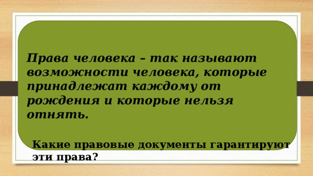 Права человека – так называют возможности человека, которые принадлежат каждому от рождения и которые нельзя отнять. Какие правовые документы гарантируют эти права? 